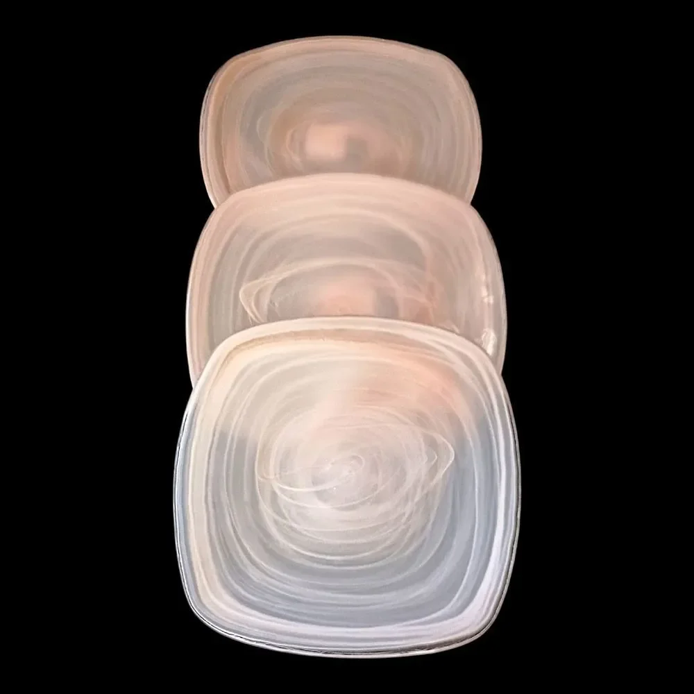 3 Pier 1‎ Alabaster Glass Plate Side Salad Dessert Lunch Niveus Pink Beige Swirl